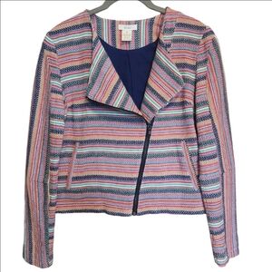 BCNU MULTICOLOR ASYMMETRICAL ZIP COTTON MOTO JACKET LONG SLEEVE STRIPE SZ MEDIUM
